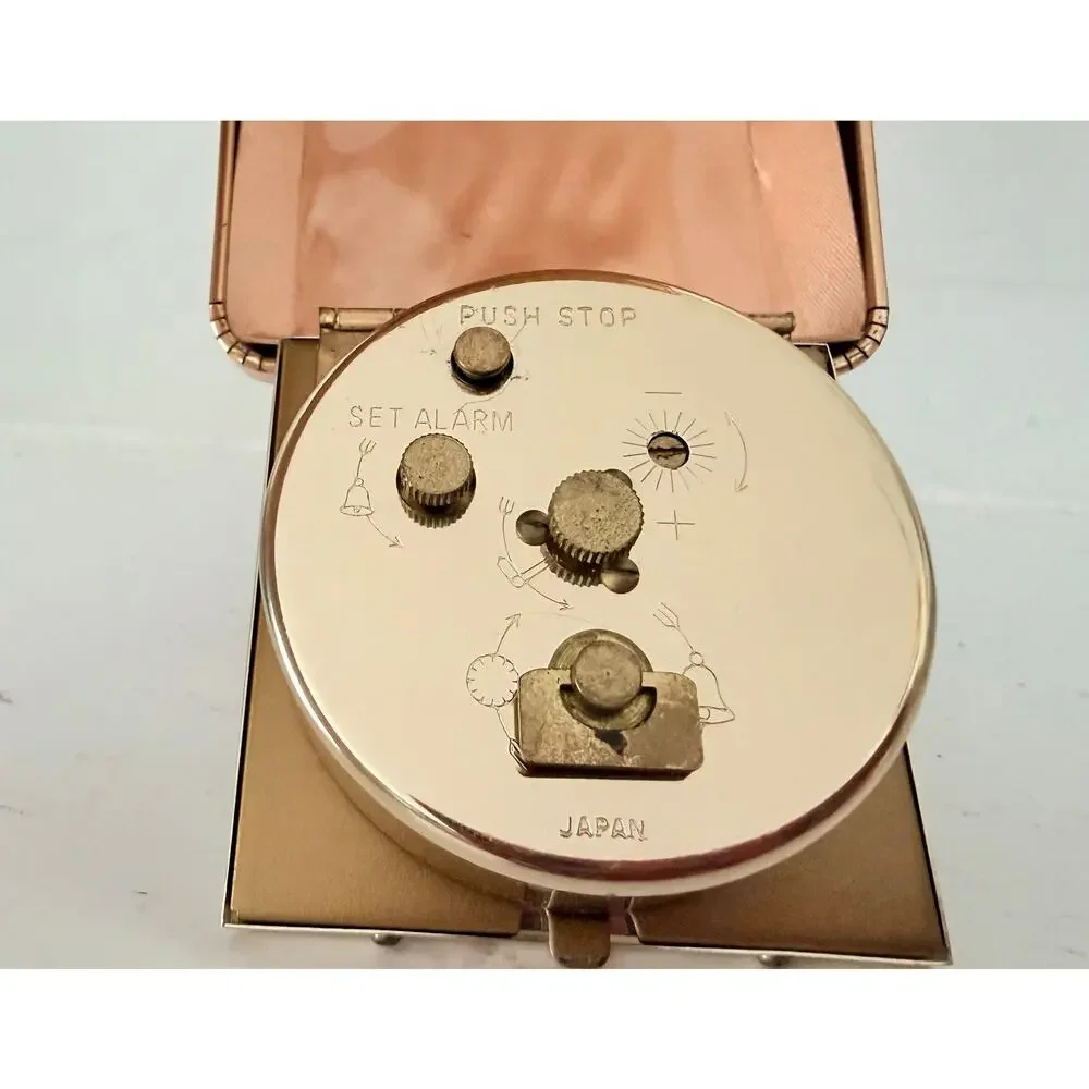 Vintage Ingraham Travel Alarm Clock Red Leather Case Folding Japan Luminous